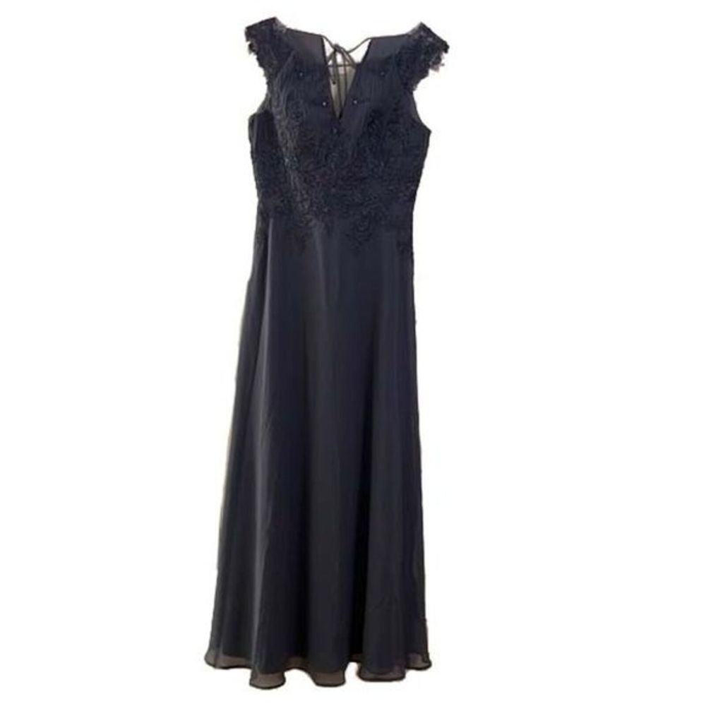 Azazie Navy Blue Chiffon Lace Sleeveless Evening Gown Size A10